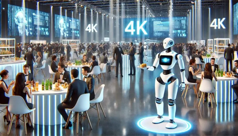 Robot hosting guests in a futuristic event venue