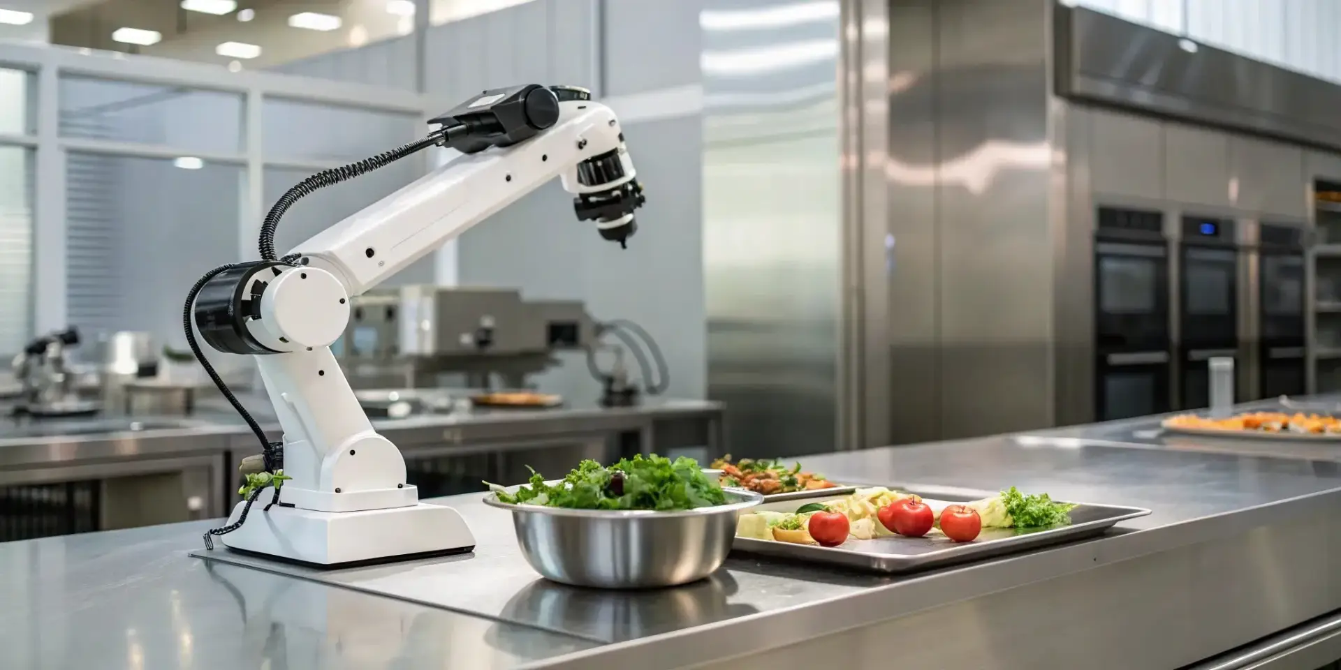 Robotic arm plating dishes in a restaurant kitchen